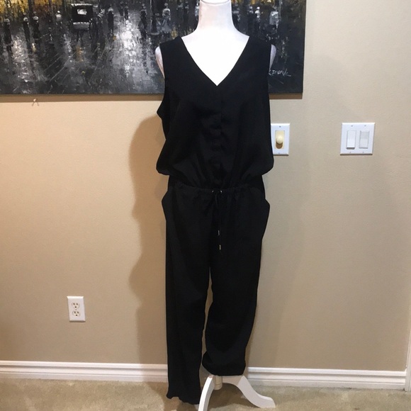 Express Black Button Down Top w/Tie Elastic Waist Pockets Jogger Jumpsuit-L - Picture 1 of 12